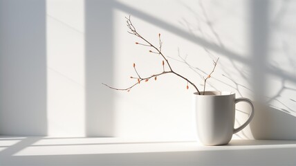 coffee mug on a white background with branches in the window, in the style of bold shadows, zen minimalism, soft color palette, kitchen still life, shaped canvas, soft-focus, traditional chinese 