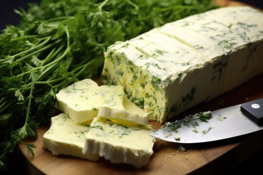 close-up of garlic herb butter being spread on bread