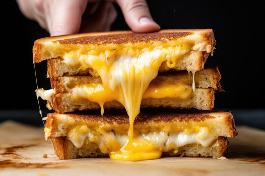 Hand Pulling Apart Grilled Cheese Sandwich Showing Gooey Cheese