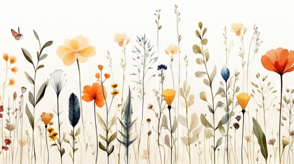 Modèle minimaliste fleurs multicolores sans couture avec feuilles, plantes et insectes. Vecteur, idéal pour les cartes postales, les affiches, la décoration. IA générative, générative, IA - obrazy, fototapety, plakaty