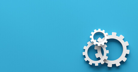 Broken business process or workflow failure concept. Cogwheels or gears on each other on blue background.