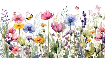 Modèle minimaliste fleurs multicolores sans couture avec feuilles, plantes et insectes. Vecteur, idéal pour les cartes postales, les affiches, la décoration. IA générative, générative, IA