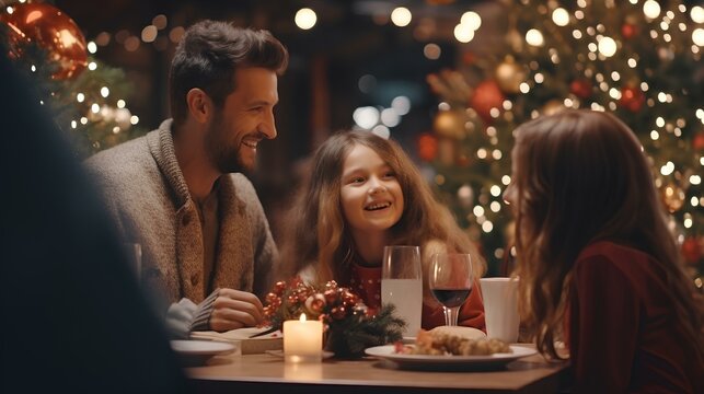 family father mother and daughter having dinner together to celebrate christmas holiday ai genearted