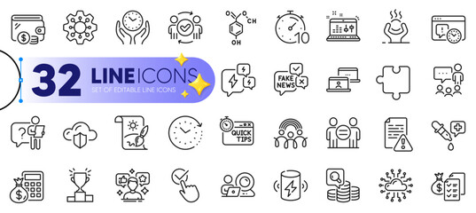 Outline set of Time change, Accounting wealth and Project deadline line icons for web with Cloud protection, Charge battery, Quick tips thin icon. Difficult stress, Timer. Vector