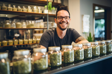 Happy young adult  Dutchman man works in a medical cannabis store in the Netherlands. - obrazy, fototapety, plakaty