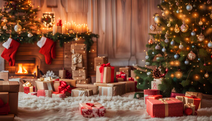 Fototapeta na wymiar Christmas or New Year tree with gifts. Christmas room interior, Christmas decor. New Year card