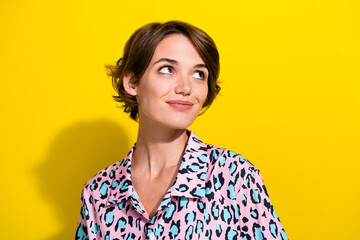 Photo of pretty lovely lady look empty space adverts promo isolated shine color background