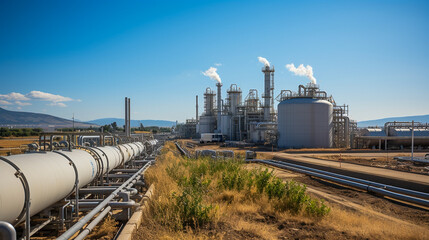 Biogas plant with pipeline in the foreground - obrazy, fototapety, plakaty