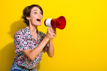 Profile portrait of astonished pretty person arms hold say tell loudspeaker empty space isolated on yellow color background © deagreez