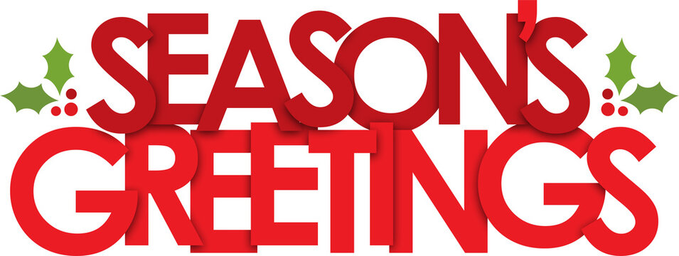SEASON'S GREETINGS red typography banner with holly on transparent background