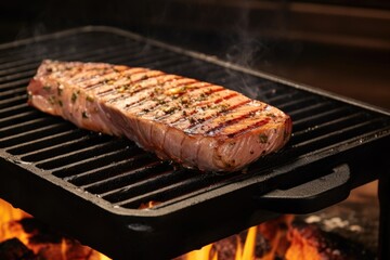 grilled tuna steak on a cast-iron griddle