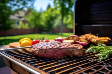 grilling steak on a sunny day in a backyard - obrazy, fototapety, plakaty