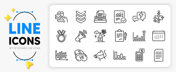 Document, Honor and Clipboard line icons set for app include Dog leash, Efficacy, Messenger mail outline thin icon. Vr, Calendar, Lightning bolt pictogram icon. Diagram chart. Vector