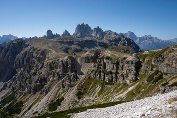 View of Cadini di Misurina from Rifugio Auronzo. Dolomites, Italy, Europe. 