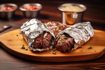 gyros wrapped in aluminum foil on a wooden board