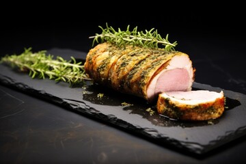 a rotating pork loin in herb crust on black slate dish