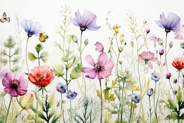 Fleurs multicolores sans couture aquarelle minimaliste avec feuilles, plantes et insectes. Vecteur, idéal pour les cartes postales, les affiches, la décoration. IA générative, générative, IA