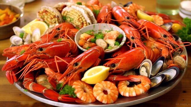 A seafood platter filled with lobster, crab, and shrimp.