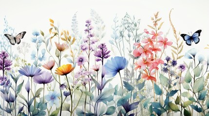 Fleurs multicolores sans couture aquarelle minimaliste avec feuilles, plantes et insectes. Vecteur, idéal pour les cartes postales, les affiches, la décoration. IA générative, générative, IA - obrazy, fototapety, plakaty