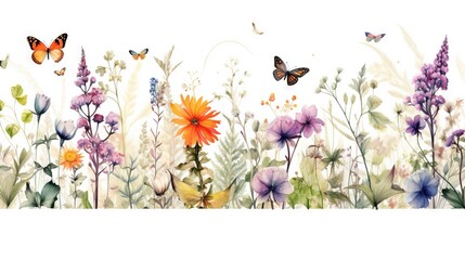 Fleurs multicolores sans couture aquarelle minimaliste avec feuilles, plantes et insectes. Vecteur, idéal pour les cartes postales, les affiches, la décoration. IA générative, générative, IA