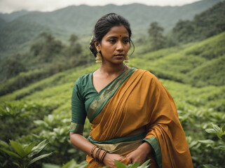 Naklejka na ściany i meble Portrait of a young Hindu woman in a traditional sari on a tea plantation at sunset