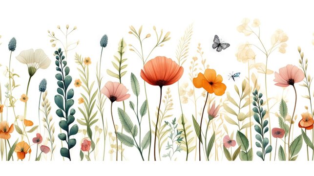 Fleurs multicolores sans couture aquarelle minimaliste avec feuilles, plantes et insectes. Vecteur, id&eacute;al pour les cartes postales, les affiches, la d&eacute;coration. IA g&eacute;n&eacute;rative, g&eacute;n&eacute;rative, IA