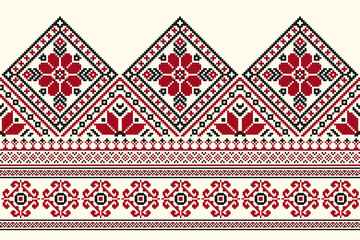 flower embroidery on cream background. ikat and cross stitch geometric seamless pattern ethnic oriental traditional. Aztec style illustration design for carpet, wallpaper, clothing, wrapping, batik.	