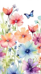 Obraz premium Fleurs multicolores abstraites minimalistes sans couture avec feuilles, plantes et insectes. Vecteur, idéal pour les cartes postales, les affiches, la décoration. IA générative, générative, IA