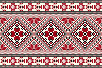 flower embroidery on cream background. ikat and cross stitch geometric seamless pattern ethnic oriental traditional. Aztec style illustration design for carpet, wallpaper, clothing, wrapping, batik.	