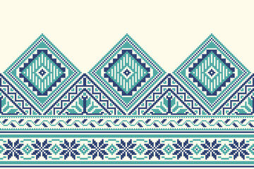 flower embroidery on cream background. ikat and cross stitch geometric seamless pattern ethnic oriental traditional. Aztec style illustration design for carpet, wallpaper, clothing, wrapping, batik.	