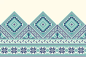 Papier Peint photo Autocollant Style bohème flower embroidery on cream background. ikat and cross stitch geometric seamless pattern ethnic oriental traditional. Aztec style illustration design for carpet, wallpaper, clothing, wrapping, batik. 