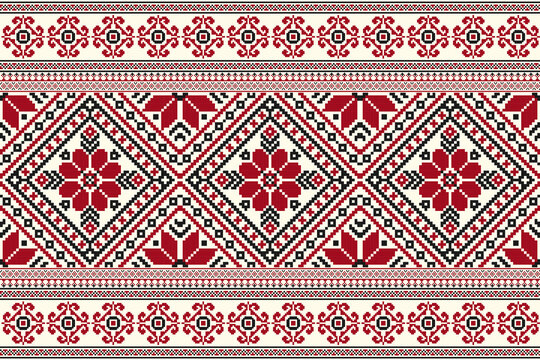 flower embroidery on cream background. ikat and cross stitch geometric seamless pattern ethnic oriental traditional. Aztec style illustration design for carpet, wallpaper, clothing, wrapping, batik.	