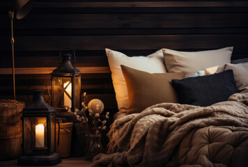 Cozy bedroom with stylish decor in autumnal style