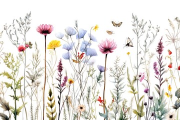 Fleurs multicolores abstraites minimalistes sans couture avec feuilles, plantes et insectes. Vecteur, idéal pour les cartes postales, les affiches, la décoration. IA générative, générative, IA