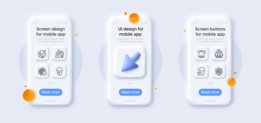 Obraz premium Coronavirus, Coronavirus protection and Reminder line icons pack. 3d phone mockups with cursor. Glass smartphone screen. Employees group, Face protection, Vitamin web icon. Vector