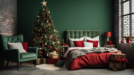 christmas bedroom interior with redgreen colors with a christmas tree ai generated