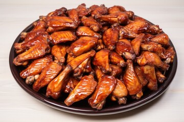 honey bbq chicken wings arranged in a semi-circle on a round serving plate