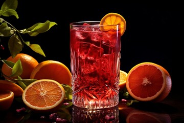 A crimson beverage with citrus fruit and clear liquid. Generative AI