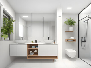 bathroom with sleek fixtures, clean lines, and efficient storage solutions,