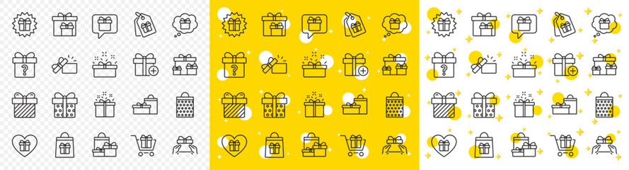 Present box, Offer and Sale. Gift line icons. Shopping cart, Tag and Chat. Speech bubble, Give a gift box, question mark, birthday discount. Shopping sale cart, present tag, delivery. Vector