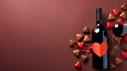Bottle of red wine on colored background for Valentine Day with gift and chocolate. Heart shaped with gift box of chocolates top view with copy space ai generated