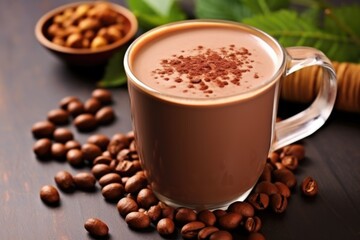 Fototapeta premium hazelnuts beside a mug of nut-flavored hot chocolate