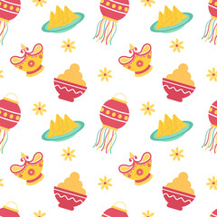 Happy Diwali Seamless Pattern Illustration Design with Light Festival of India Ornament in Cartoon Hand Drawn Template