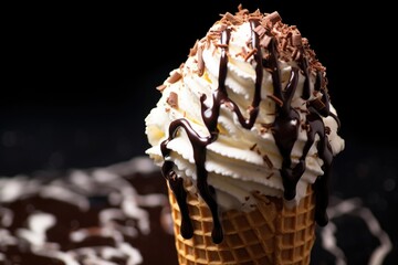 close-up of ice cream cone with chocolate topping
