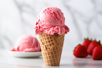 red strawberry ice cream in a cone on a marble countertop