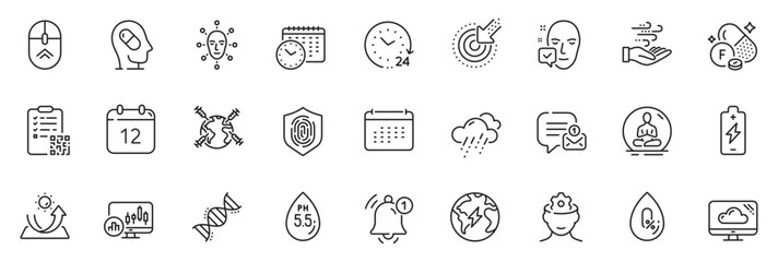 Icons pack as 24 hours, Electricity and Qr code line icons for app include Targeting, Fingerprint, Ph neutral outline thin icon web set. Reminder, Rainy weather, Swipe up pictogram. Vector