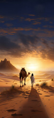 A man and a camel are walking in a desert