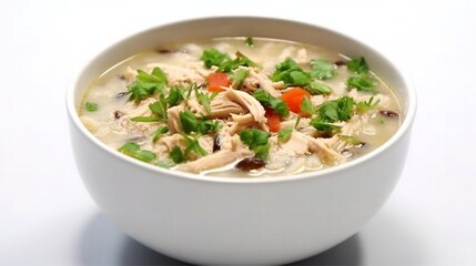 A steaming bowl of hearty chicken and wild rice soup with a sprinkle of fresh parsley.