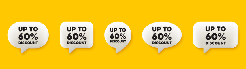 Up to 60 percent discount. 3d chat speech bubbles set. Sale offer price sign. Special offer symbol. Save 60 percentages. Discount tag talk speech message. Talk box infographics. Vector
