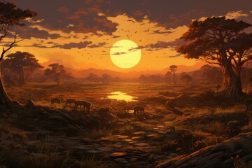 Fototapeta premium Sunset in the African savanna, amzing afica, wildlife, Generative AI